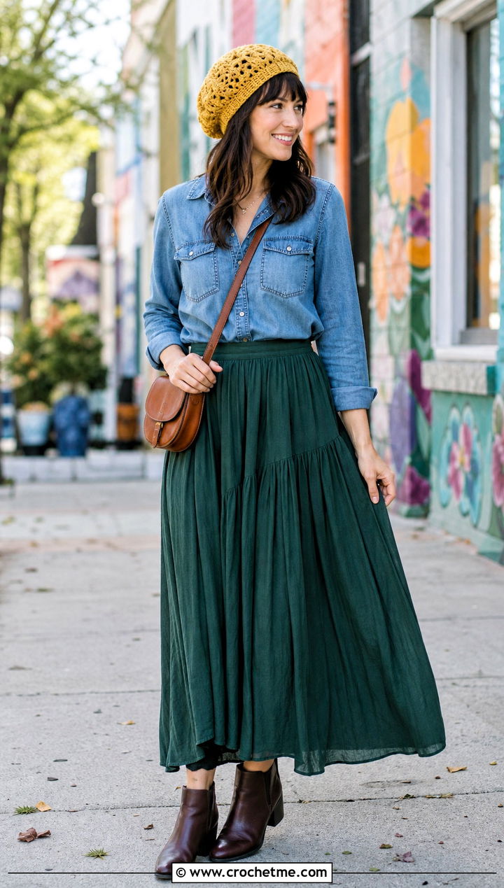 Crochet Tam Hat With Maxi Skirt And Denim Shirt - 35 quick crochet hat outfit ideas