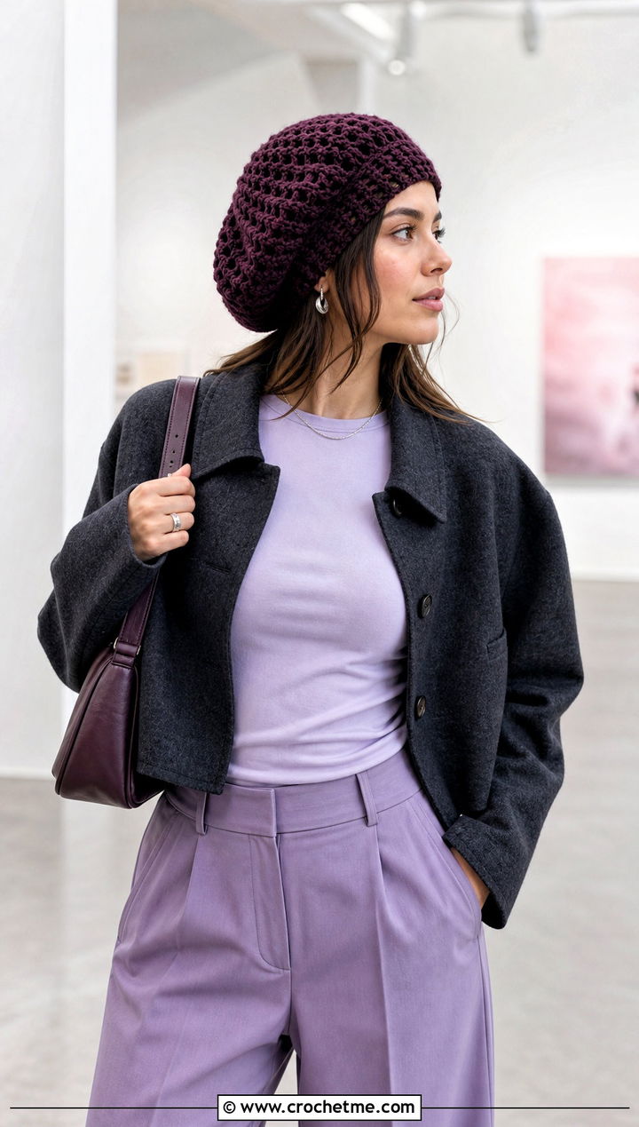 Crochet Tam Hat With Monochrome Outfit - 25 Easy Crochet Hats For Beginners outfit ideas