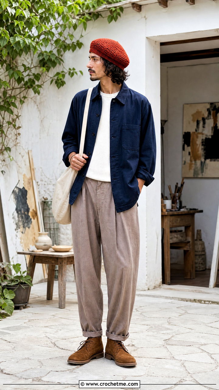 Crochet Tam Hat With Overshirt And Relaxed Trousers - 35 crochet hat for men outfit ideas