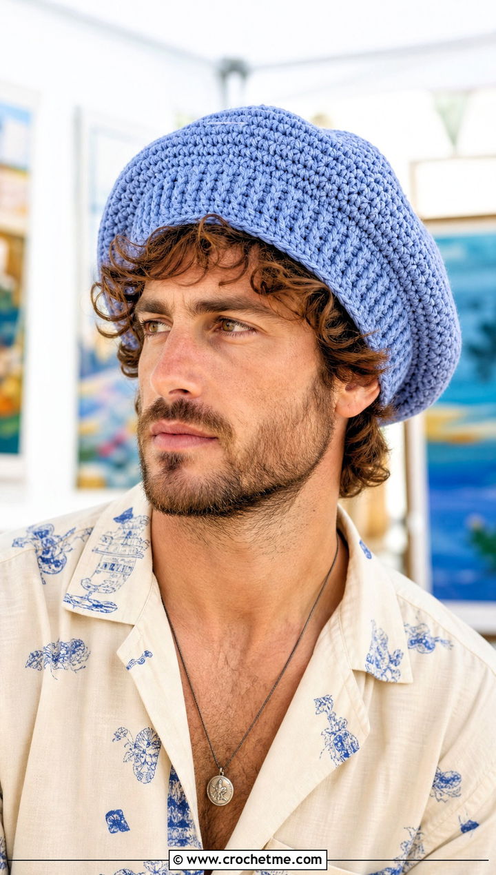 Crochet Tam Hat With Printed Shirt And Wide Leg Trousers - 30 men's crochet hats outfit ideas