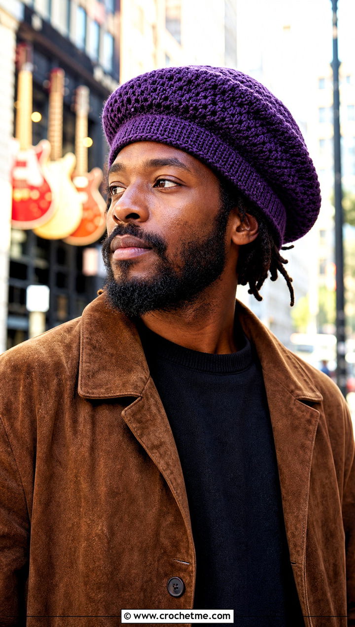 Crochet Tam Hat With Suede Jacket - 25 mens winter crochet hats outfit ideas