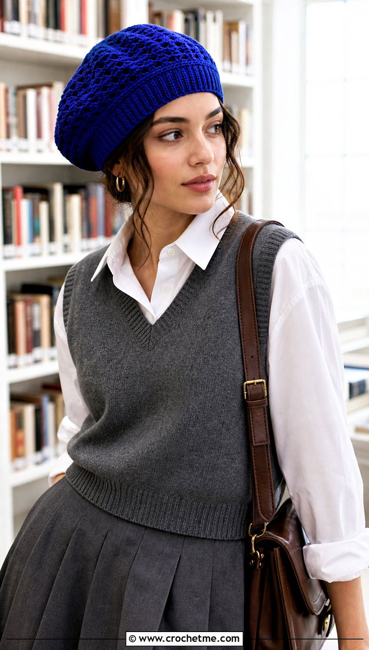 Crochet Tam Hat With Sweater Vest - 25 crocheted hat outfit ideas
