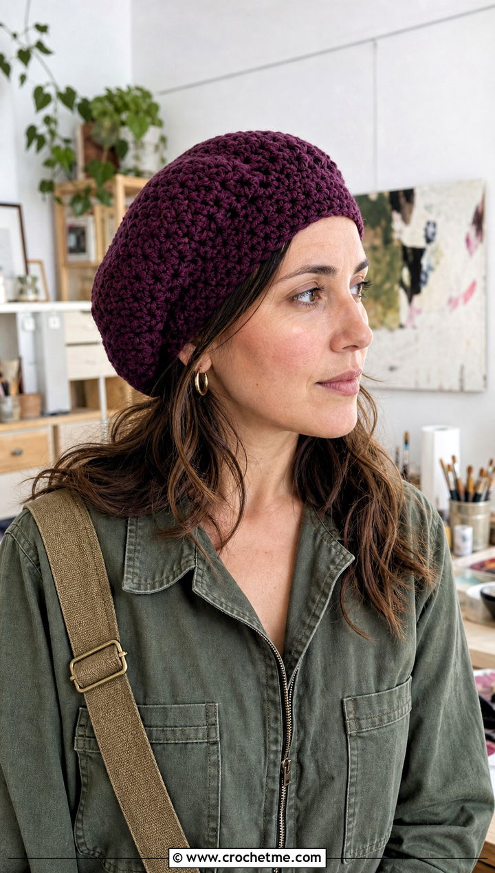 Crochet Tam Hat With Utility Jumpsuit - 30 aesthetic crochet hat ideas