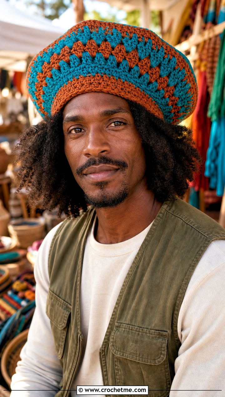 Crochet Tam Hat With Utility Vest - 25 crocheted mens hats outfit ideas