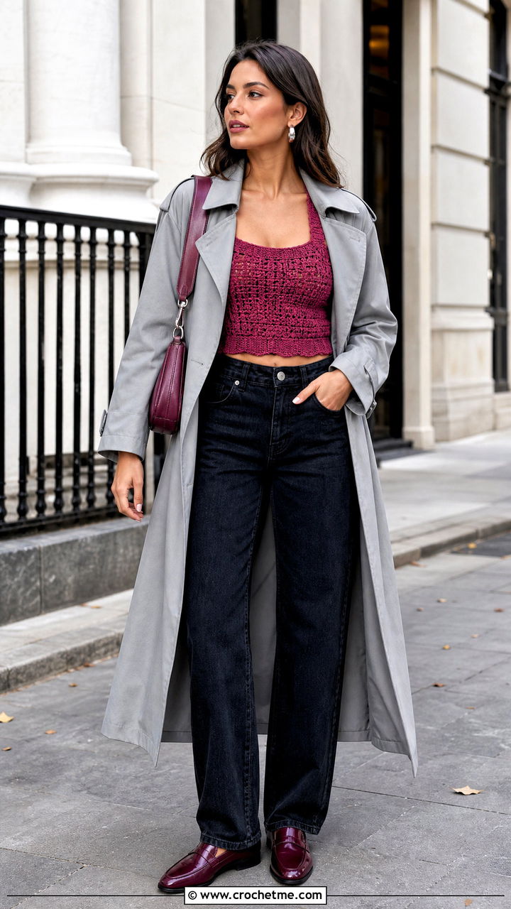 Crochet Tank Belly Top With Trench Coat - 35 Belly Crochet Top outfit ideas
