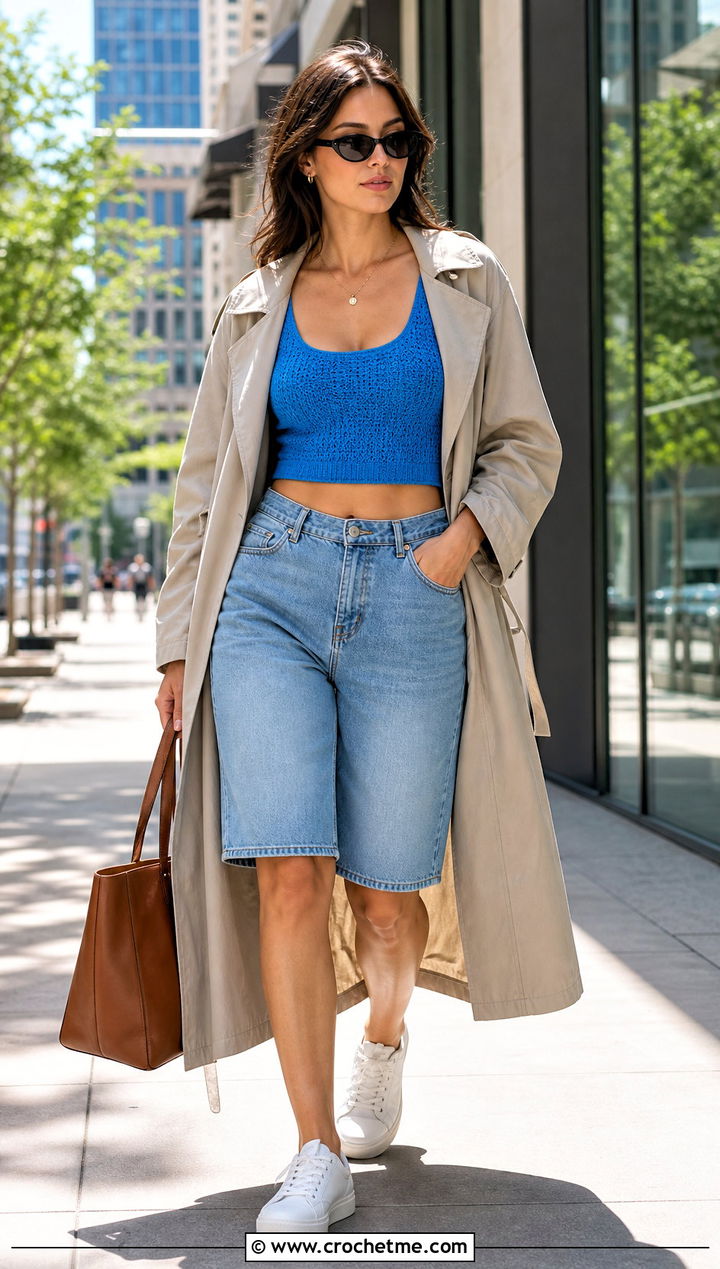 Crochet Tank Crop Top With Longline Denim Shorts And Trench Coat - 15 Crochet Crop Top With Denim Shorts outfit ideas