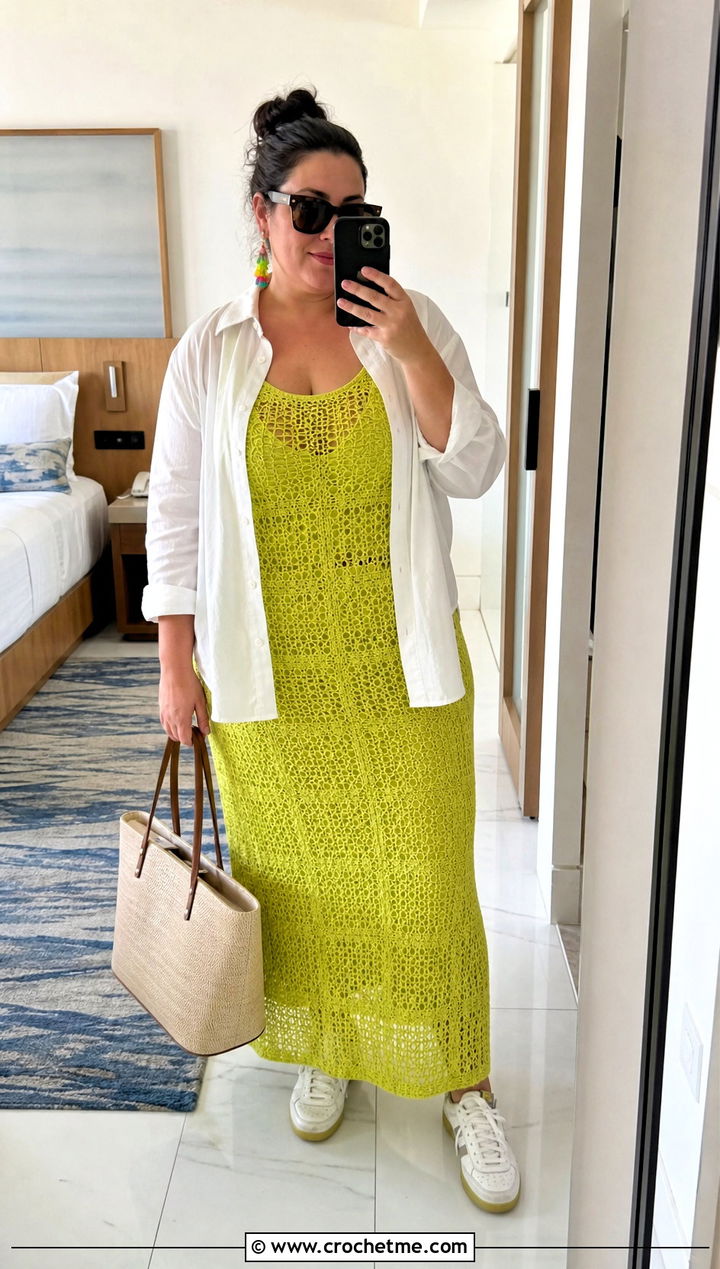 Crochet Tank Dress With Button Down Shirt - 15 plus size crochet dress outfit ideas