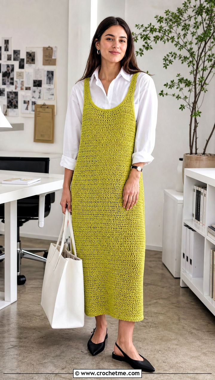 Crochet Tank Dress With Crisp White Shirt - 20 elegant crochet dress outfit ideas