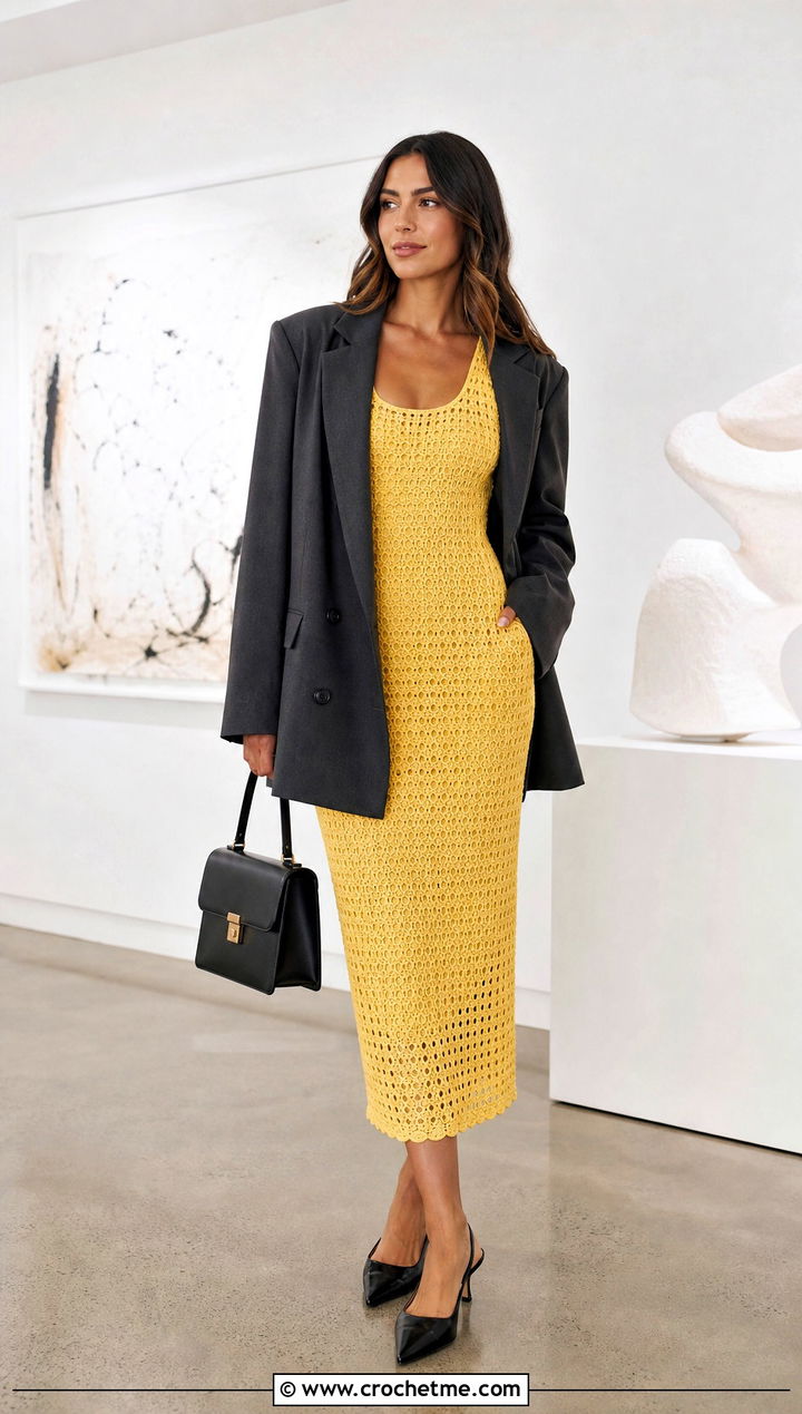 Crochet Tank Midi Dress With Oversized Blazer - 25 Cute Crochet Dress outfit ideas