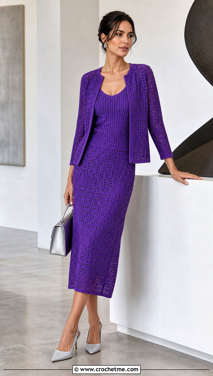 Crochet Tank Midi Skirt And Jacket Set With Slingback Heels - 25 crochet three piece outfit ideas