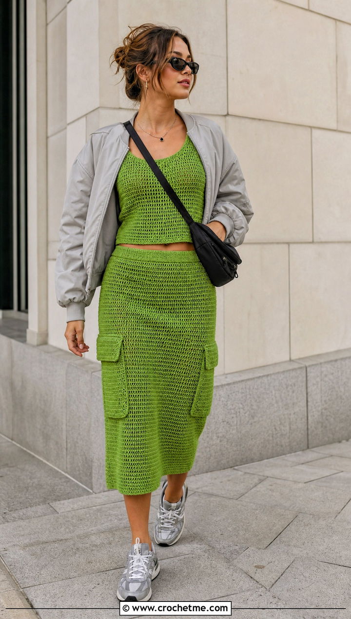 Crochet Tank Top And Cargo Skirt Set With Retro Sneakers - 25 crochet top skirt set outfit ideas