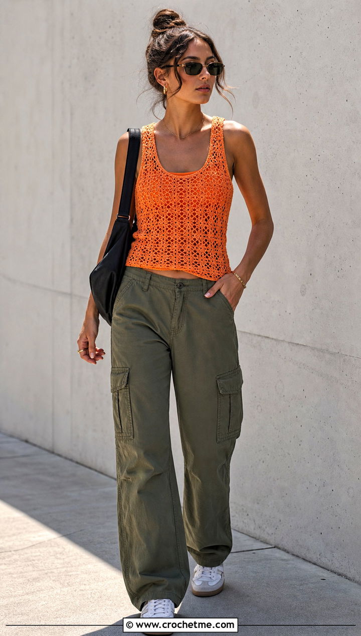 Crochet Tank Top With Cargo Pants - 15 cool crochet top outfit ideas