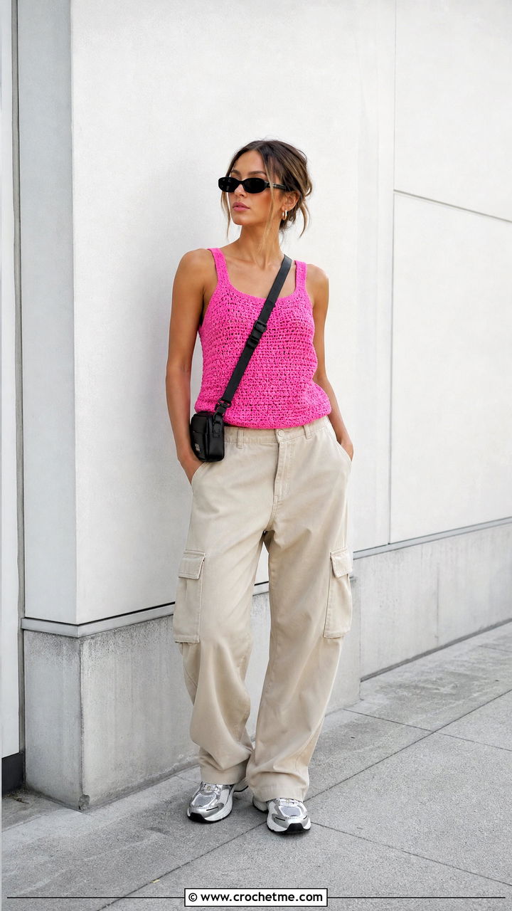 Crochet Tank Top With Cargo Pants - 35 crochet garments outfit ideas