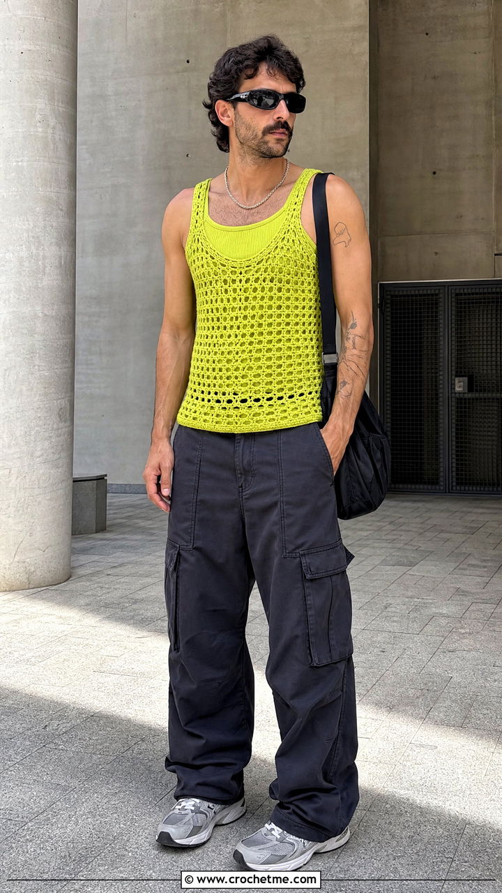 Crochet Tank Top With Cargo Pants - 35 crochet top for men outfit ideas