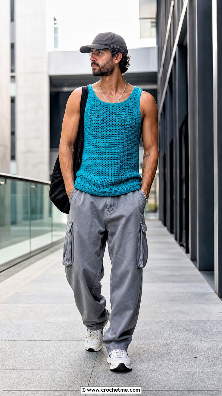 Crochet Tank Top With Cargo Pants - 35 crochet top men outfit ideas