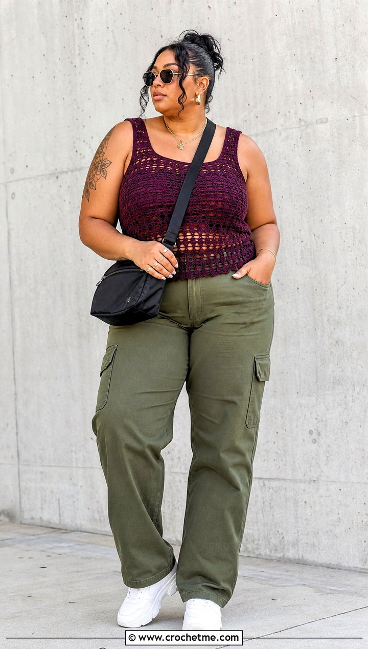 Crochet Tank Top With Cargo Pants And Trainers - 35 plus size crochet outfit ideas