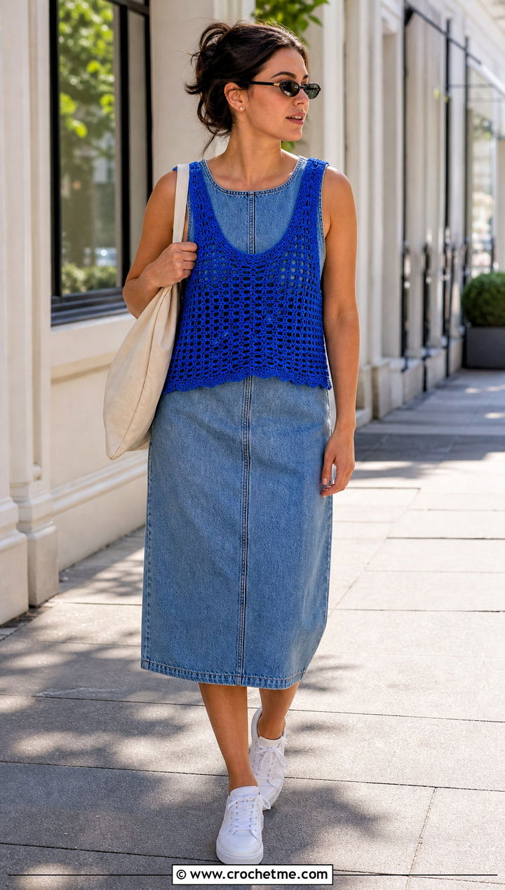 Crochet Tank Top With Denim Dress - 25 Dresses With Crochet Top outfit ideas