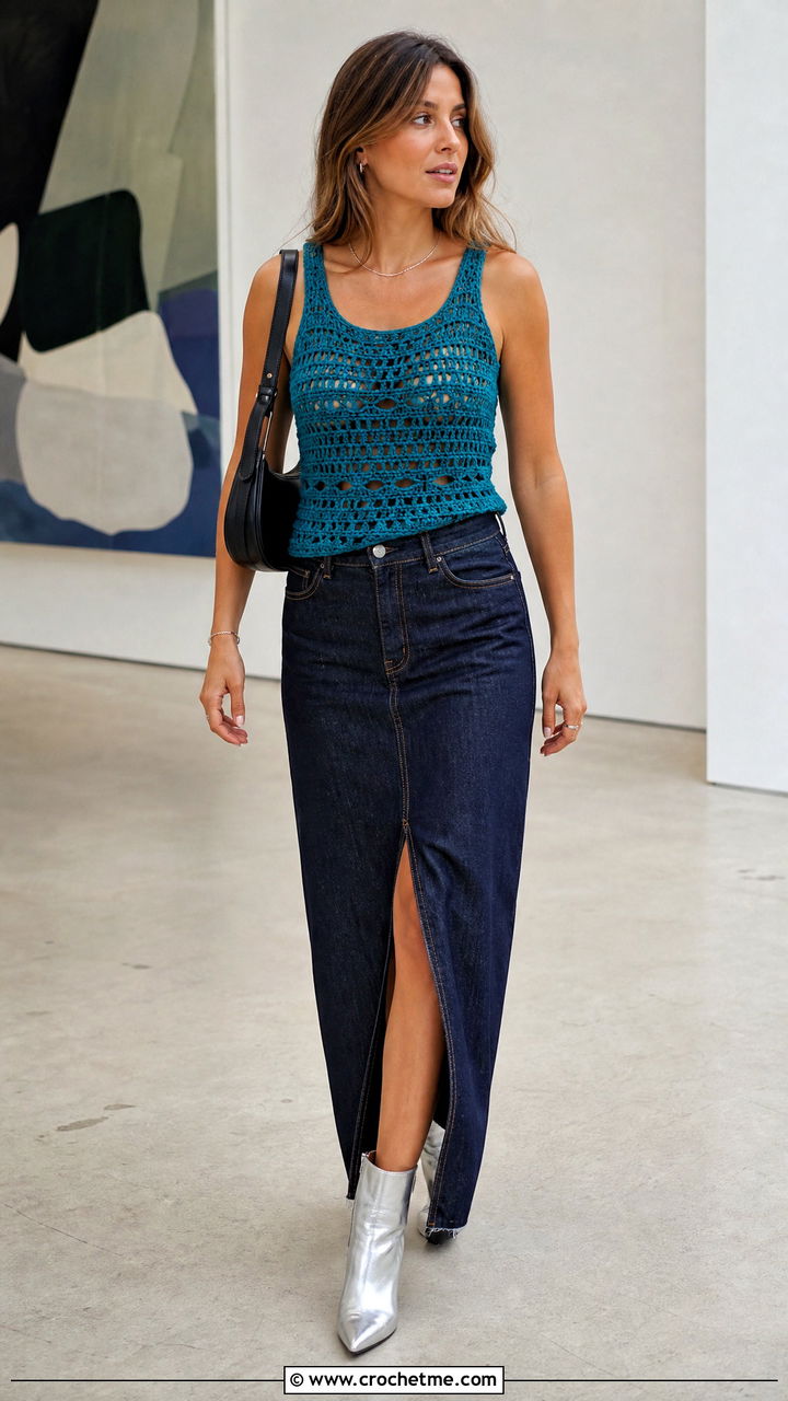 Crochet Tank Top With Denim Maxi Skirt - 35 crochet top ideas