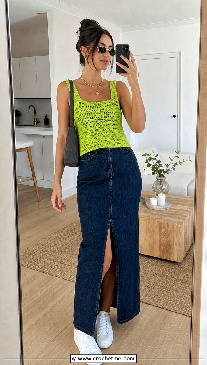 Crochet Tank Top With Denim Maxi Skirt - 15 Aesthetic Cute Crochet Clothes and outfit ideas