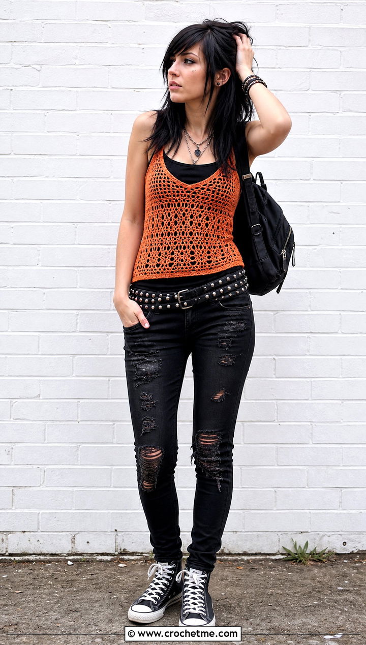 Crochet Tank Top With Distressed Skinny Jeans - 25 emo crochet top outfit ideas