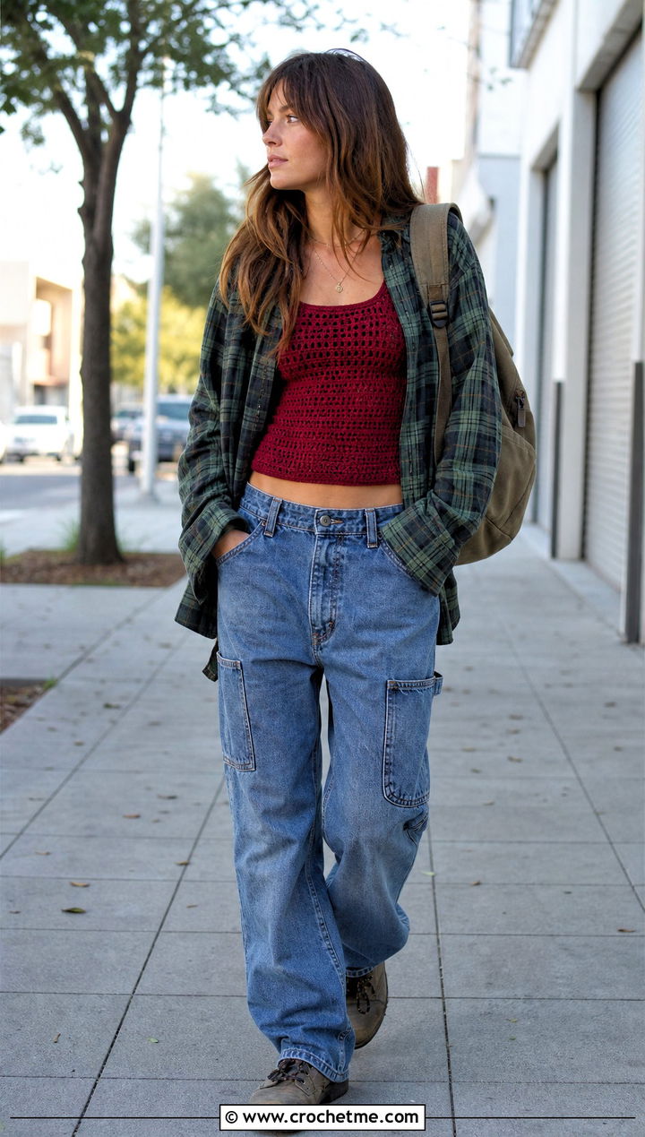 Crochet Tank Top With Flannel Shirt And Carpenter Jeans - 25 grunge crochet clothes and outfit ideas