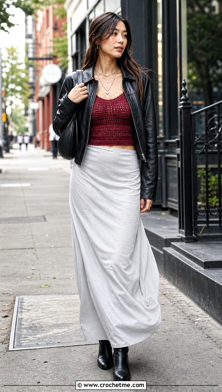 Crochet Tank Top With Leather Jacket And Maxi Skirt - 35 whimsical crochet clothes and outfit ideas
