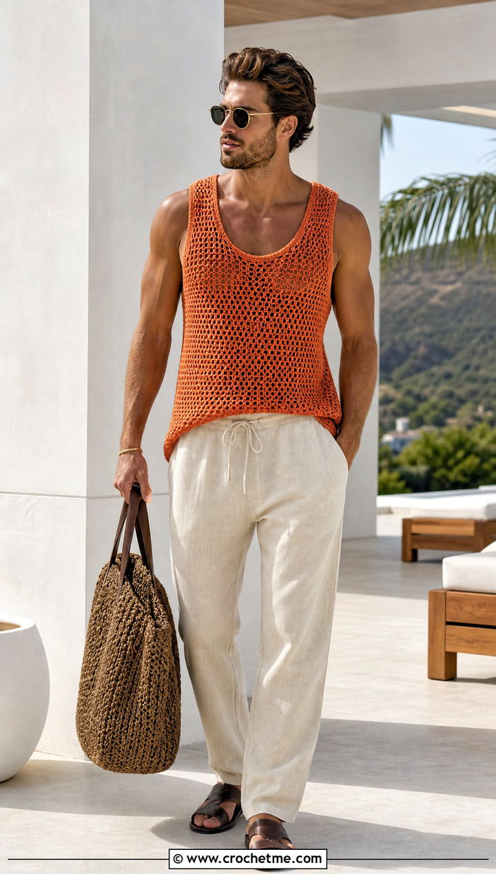 Crochet Tank Top With Linen Trousers - 30 Mens Crochet Outfit ideas