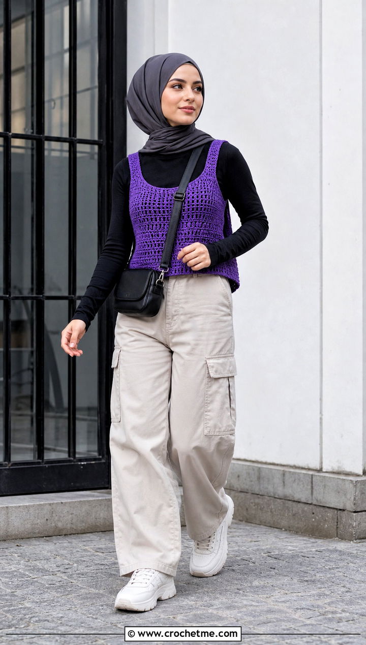 Crochet Tank Top With Long Sleeve Tee And Cargo Pants - 20 crochet top hijabi outfit ideas
