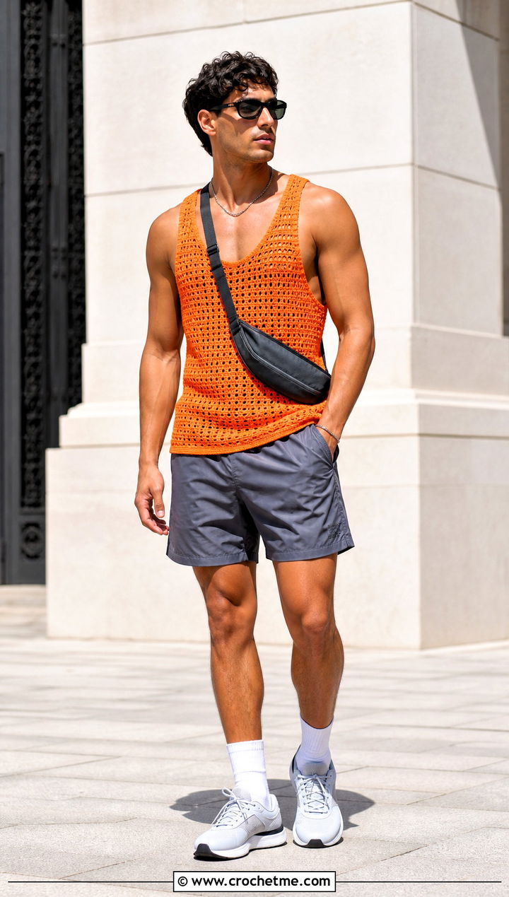 Crochet Tank Top With Nylon Shorts - 15 men's crochet top outfit ideas