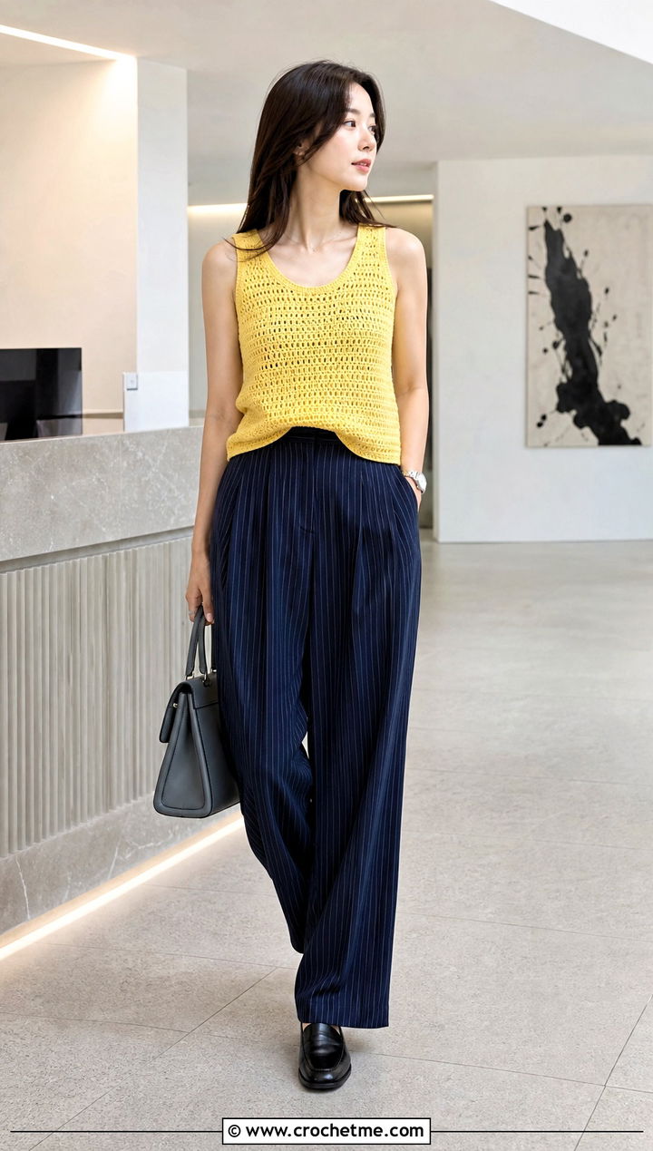 Crochet Tank Top With Pinstripe Pants - 30 korean crochet outfits ideas