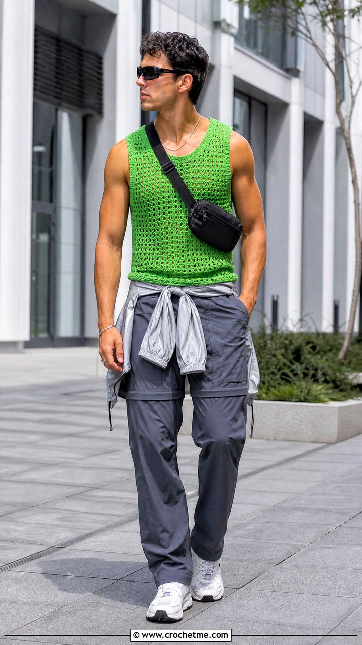 Crochet Tank Top With Technical Cargo Pants - 35 crochet outfits for men outfit ideas