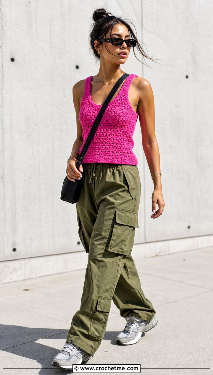 Crochet Tank Top With Utility Cargo Pants - 15 crochet tops on hangers outfit ideas