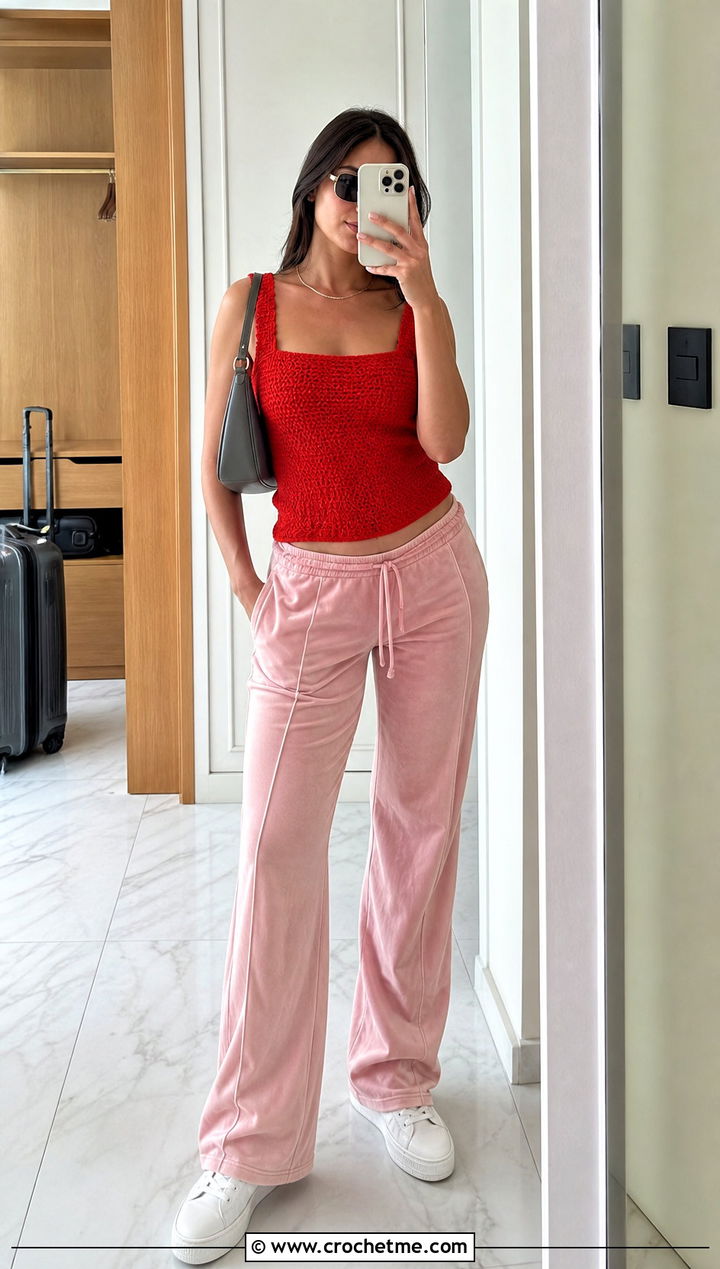 Crochet Tank Top With Velour Track Pants - 20 Crochet Top Y2K Outfit ideas