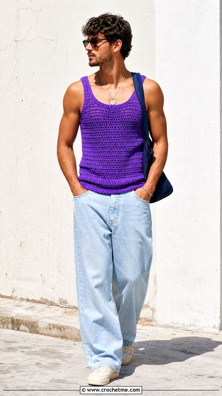 Crochet Tank Top With Wide Leg Jeans - 35 crochet clothes for men outfit ideas