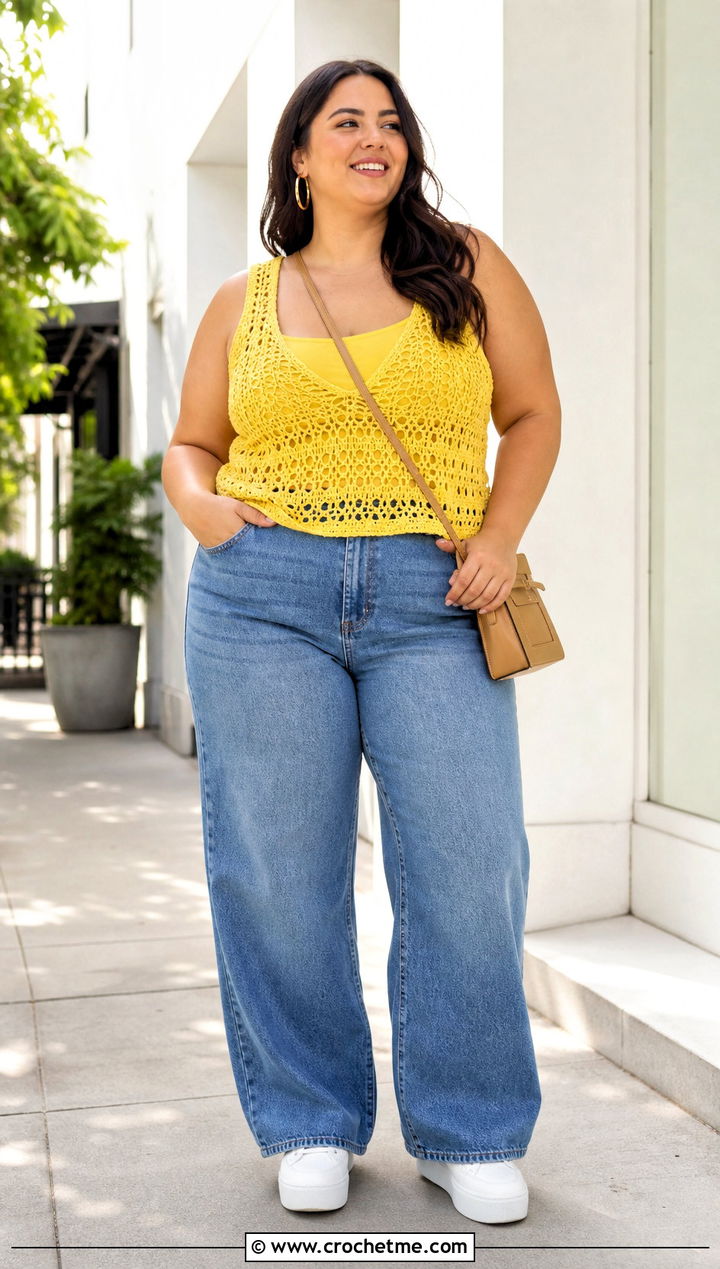 Crochet Tank Top With Wide Leg Jeans - 25 Xxl Crochet Top outfit ideas