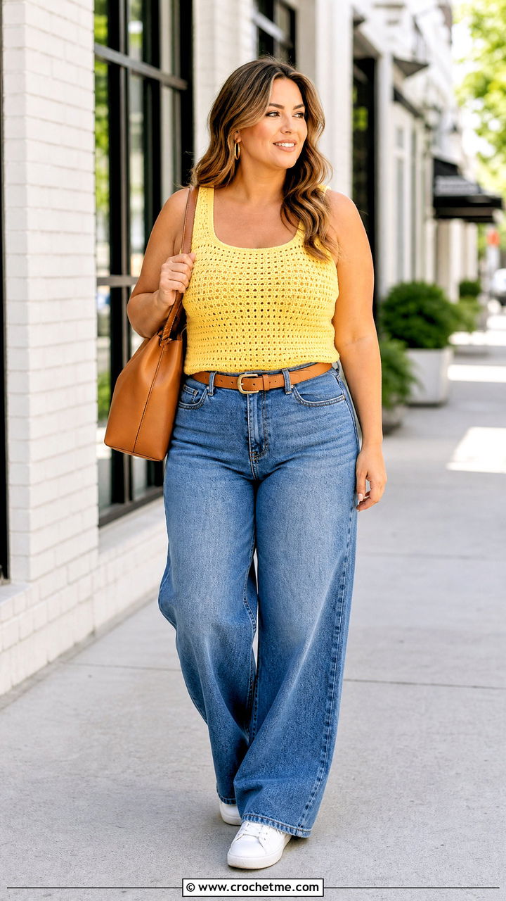 Crochet Tank Top With Wide Leg Jeans - 35 crochet top for women outfit ideas
