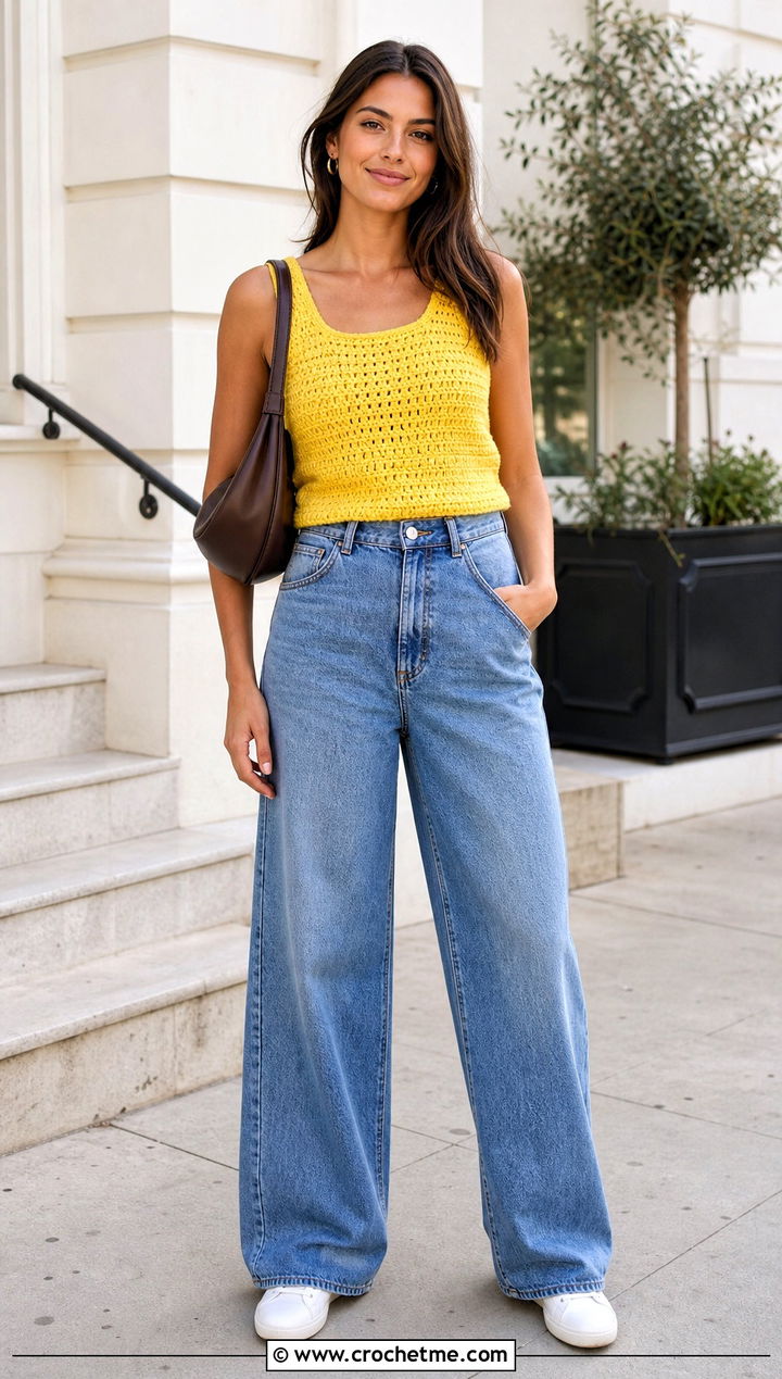 Crochet Tank Top With Wide Leg Jeans - 35 Women Crochet Top outfit ideas