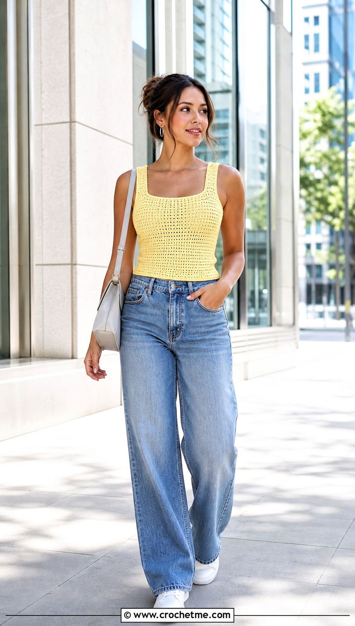 Crochet Tank Top With Wide Leg Jeans - 25 crochet for tops outfit ideas