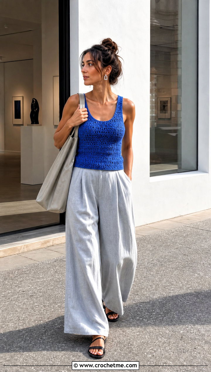 Crochet Tank Top With Wide Leg Trousers - 15 Summer Crochet Clothing Style outfit ideas