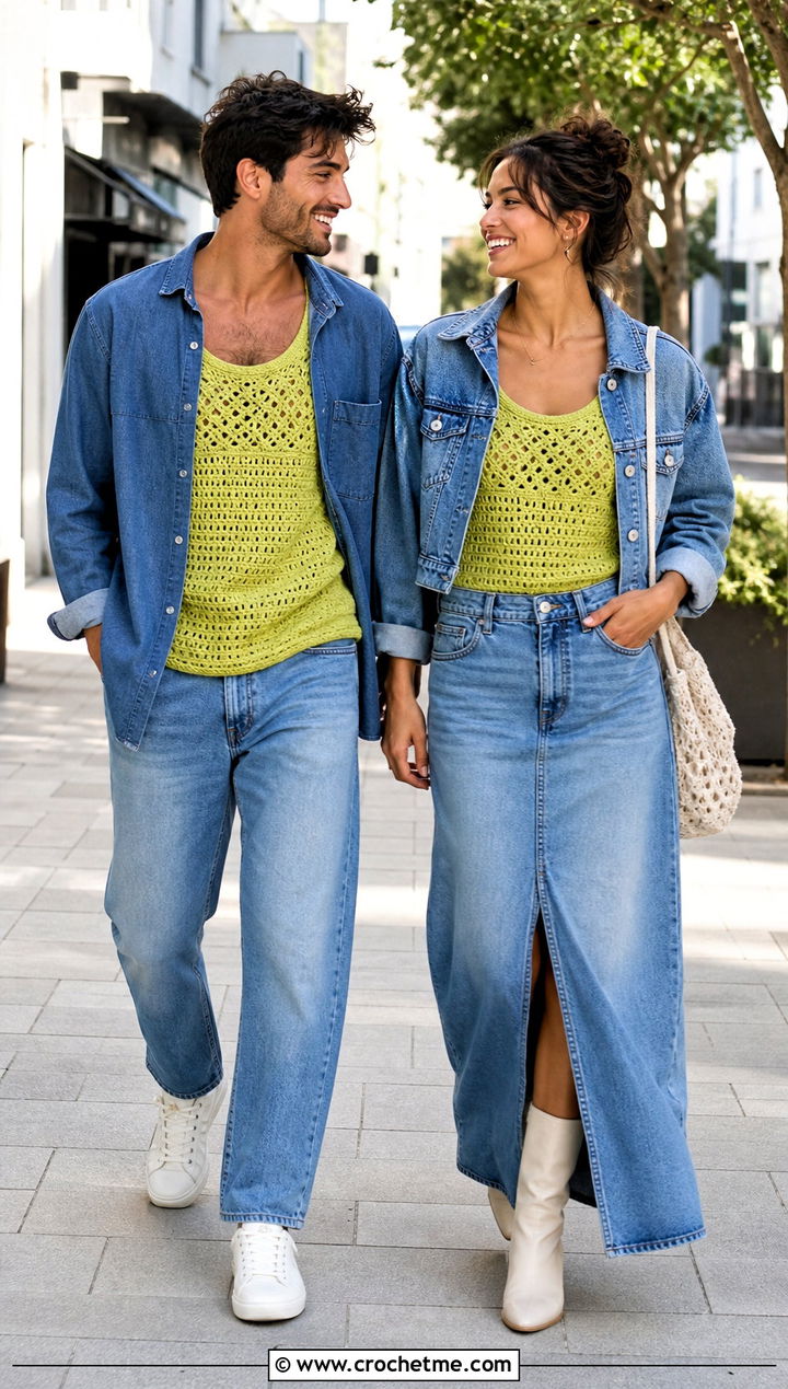 Crochet Tank Tops With Double Denim - 30 couples crochet outfit ideas
