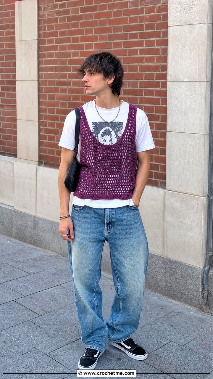 Crochet Tank Vest With Graphic T Shirt And Baggy Jeans - 35 crochet vest for men outfit ideas