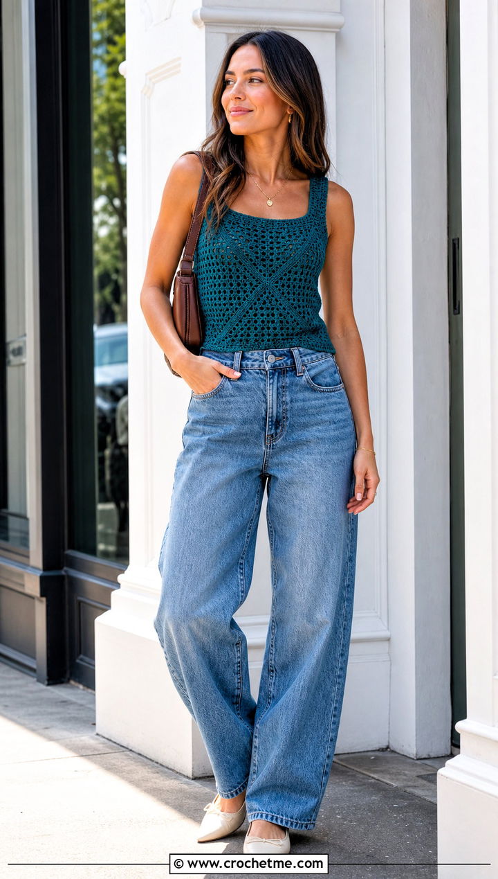 Crochet Tank With Barrel Leg Jeans - 30 full crochet outfit ideas