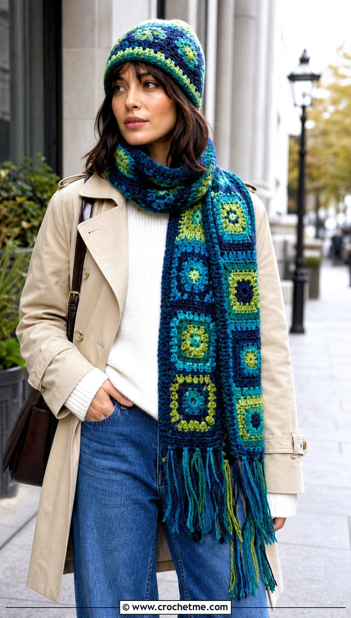 Crochet Tapestry Beanie And Fringed Scarf With Trench Coat - 15 Crochet Scarf Hat outfit ideas