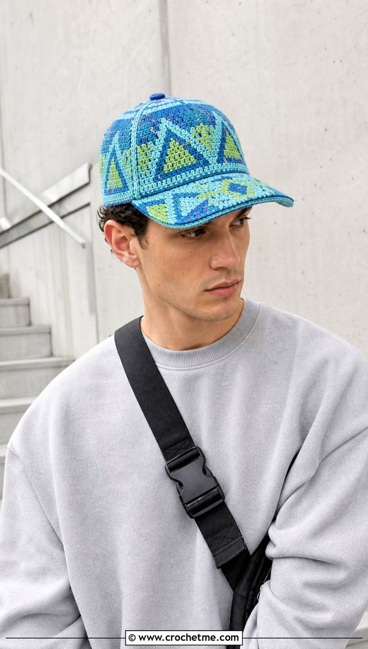 Crochet Tapestry Cap With Cargo Pants - 15 Crochet Mens Hats outfit ideas