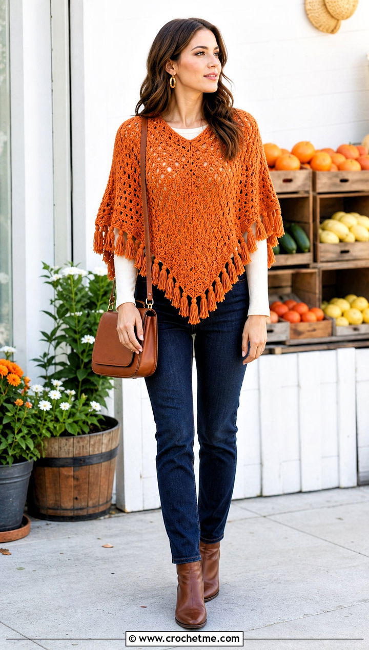 Crochet Tassel Poncho Top With Slim Jeans - 25 crochet top with tassels outfit ideas