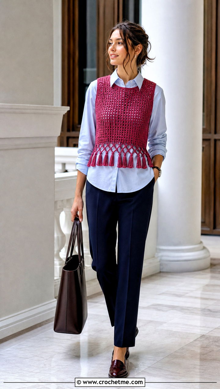 Crochet Tassel Vest Top With Button Down Shirt - 25 crochet top with tassels outfit ideas