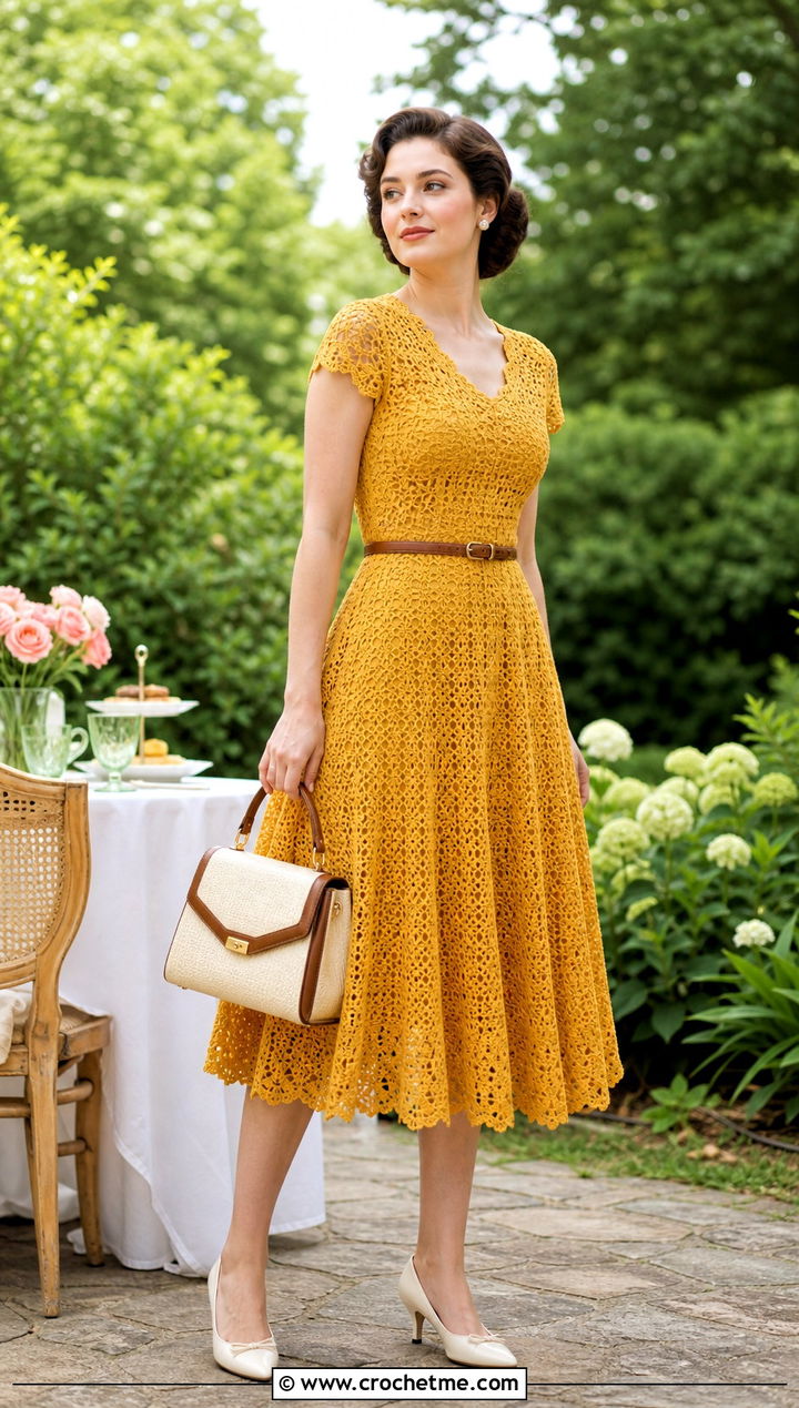 Crochet Tea Dress With Kitten Heels - 35 vintage crochet dress outfit ideas