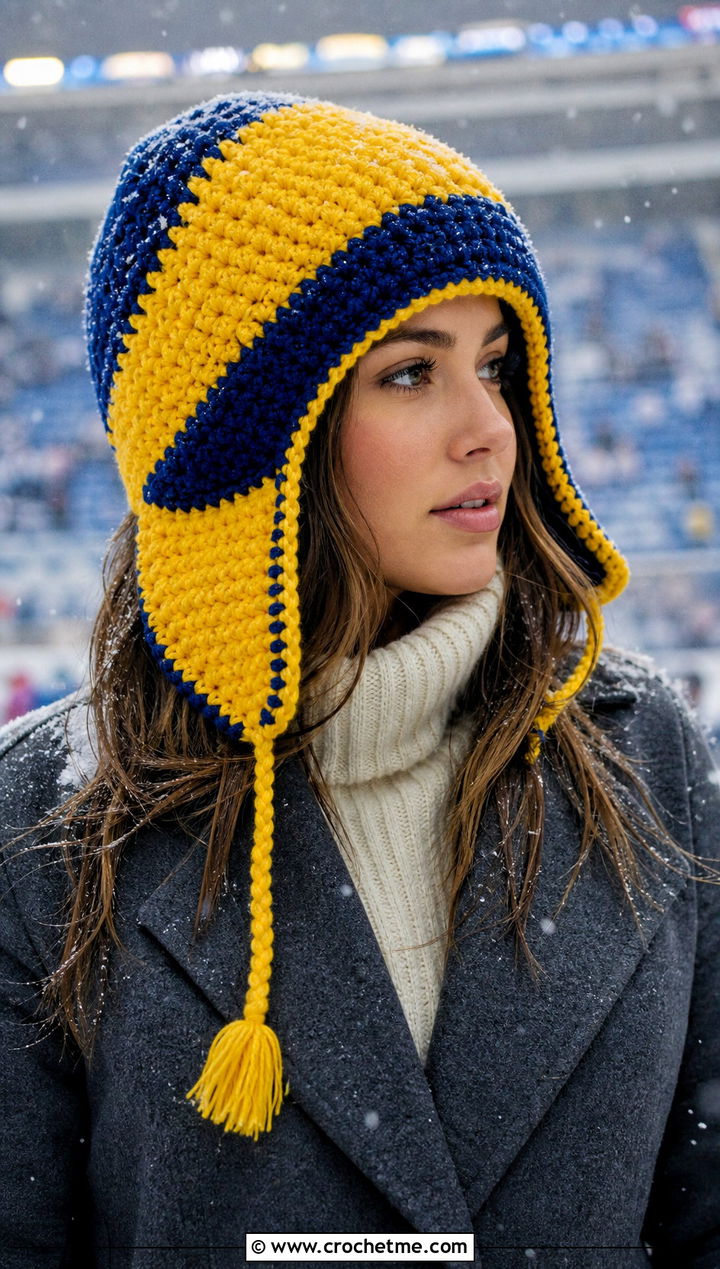 Crochet Team Trapper Hat With Wool Coat And Winter Boots - 20 Crochet Team Hat outfit ideas