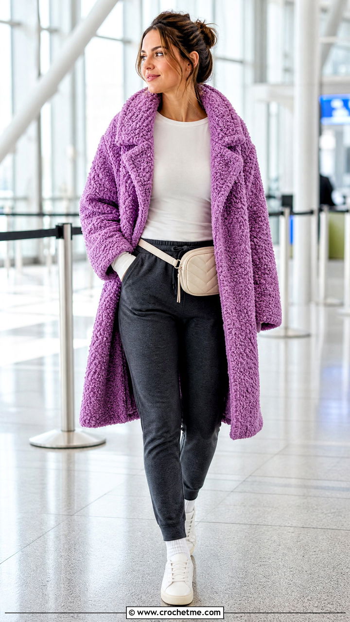 Crochet Teddy Coat With Joggers And Sneakers - 35 crochet coats outfit ideas
