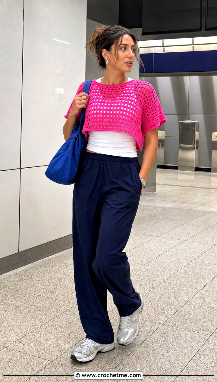 Crochet Tee Crop Top With Track Pants - 30 cute crochet crop top outfit ideas
